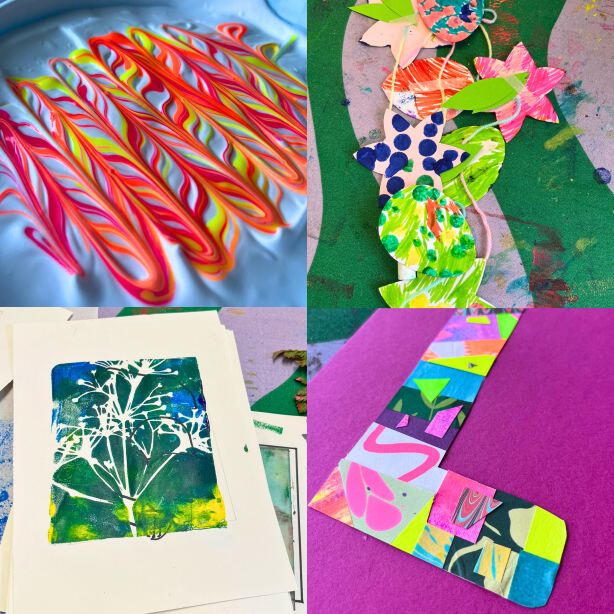 Four images inside one square shape. Top right - neon tempera paint drawn into patterns as the paint sits on a layer of foam. Top right - Highly coloured flower and egg shapes attached to a string to create bunting. Bottom left - Green, blue and yellow gel