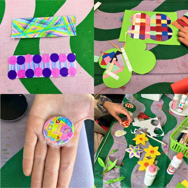 4 images of crafts made at Pattern & Print Club - Brightly coloured paper bookmarks. Weaving with card strips and then using the off cuts to create a collage. Brightly coloured handmade badge on a child's hand. Flowers and cut out eggs made from paper. Glu