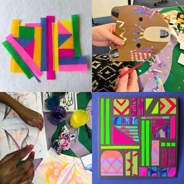 Children and adults using paint, sting printing and patterned paper during a colourful printmaking and craft activity at Lewisham art club. Bright collaged paper creations, and using recycled materials such as cardboard saved from packaging.