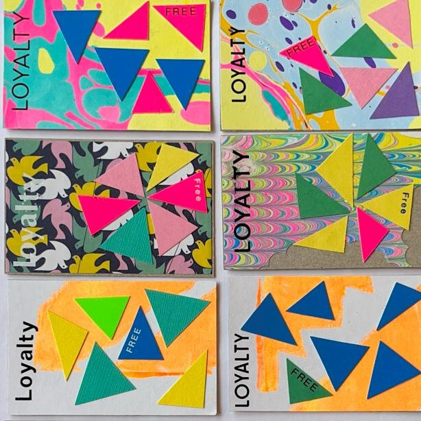 Handmade Pattern & Print Club loyalty card offering a free sixth children's arts and crafts workshop after five visits in Grove Park, Lewisham, London. Made using Letraset and collage.