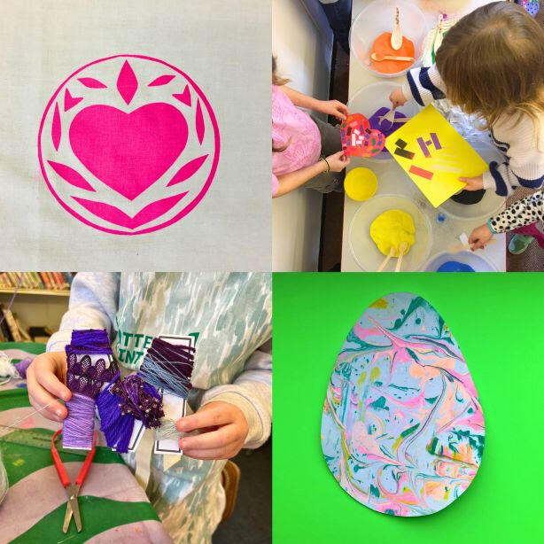 Adult and child together cutting, sticking and decorating with colourful paper, bright pens and craft supplies during a family Saturday zine and art making workshop.